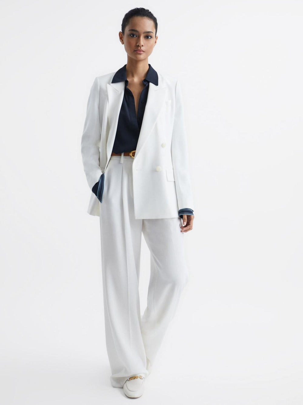 Reiss Tops | Chiara Fitted Side Striped Dip Hem Blouse Navy - Women