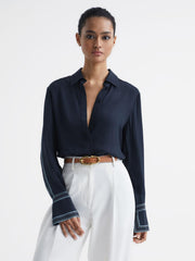 Reiss Tops | Chiara Fitted Side Striped Dip Hem Blouse Navy - Women