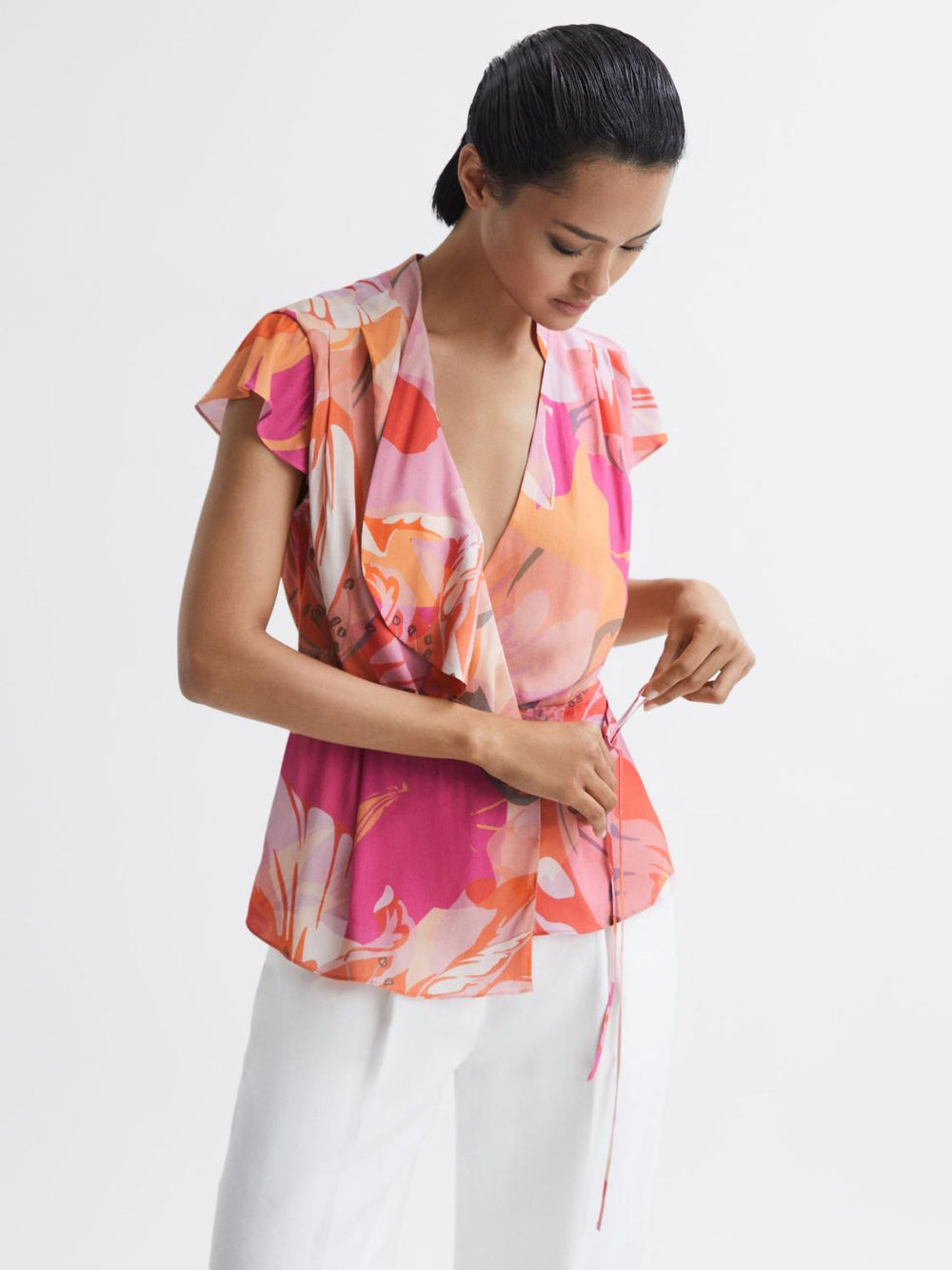 Reiss Tops | Corey Tropical Print Wrap Blouse Pink - Women