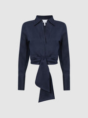 Reiss Tops | Dahlia Linen Cropped Tie Front Blouse Navy - Women