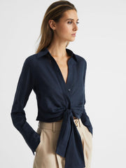 Reiss Tops | Dahlia Linen Cropped Tie Front Blouse Navy - Women