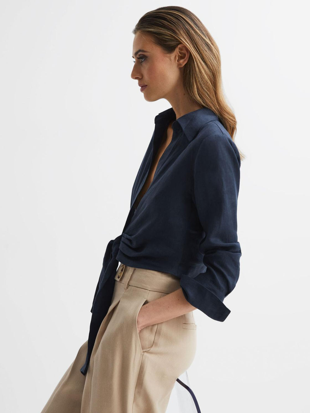Reiss Tops | Dahlia Linen Cropped Tie Front Blouse Navy - Women
