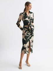 Reiss Tops | Dahlia Print Linen Cropped Tie Front Blouse Khaki - Women