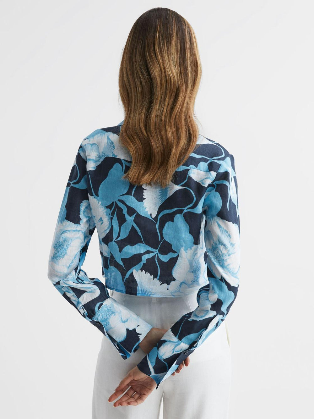 Reiss Tops | Dahlia Print Linen Cropped Tie Front Blouse Navy/blue - Women