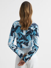 Reiss Tops | Dahlia Print Linen Cropped Tie Front Blouse Navy/blue - Women