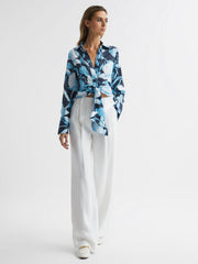 Reiss Tops | Dahlia Print Linen Cropped Tie Front Blouse Navy/blue - Women