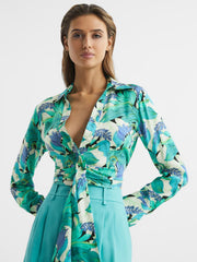 Reiss Tops | Dana Floral Print Tie Front Cropped Blouse Aquamarine - Women