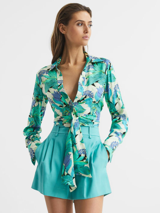Reiss Tops | Dana Floral Print Tie Front Cropped Blouse Aquamarine - Women