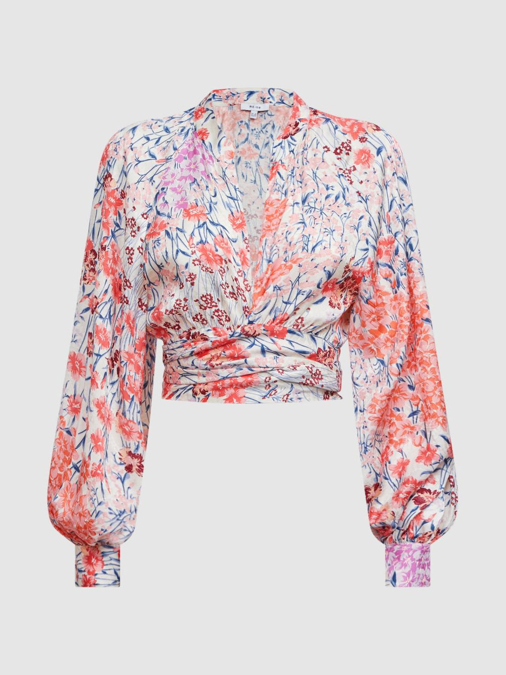 Reiss Tops | Elle Floral Print Tie Front Cropped Blouse Coral/white - Women