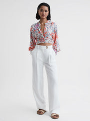 Reiss Tops | Elle Floral Print Tie Front Cropped Blouse Coral/white - Women
