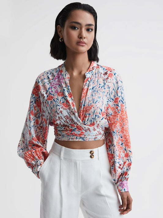 Reiss Tops | Elle Floral Print Tie Front Cropped Blouse Coral/white - Women