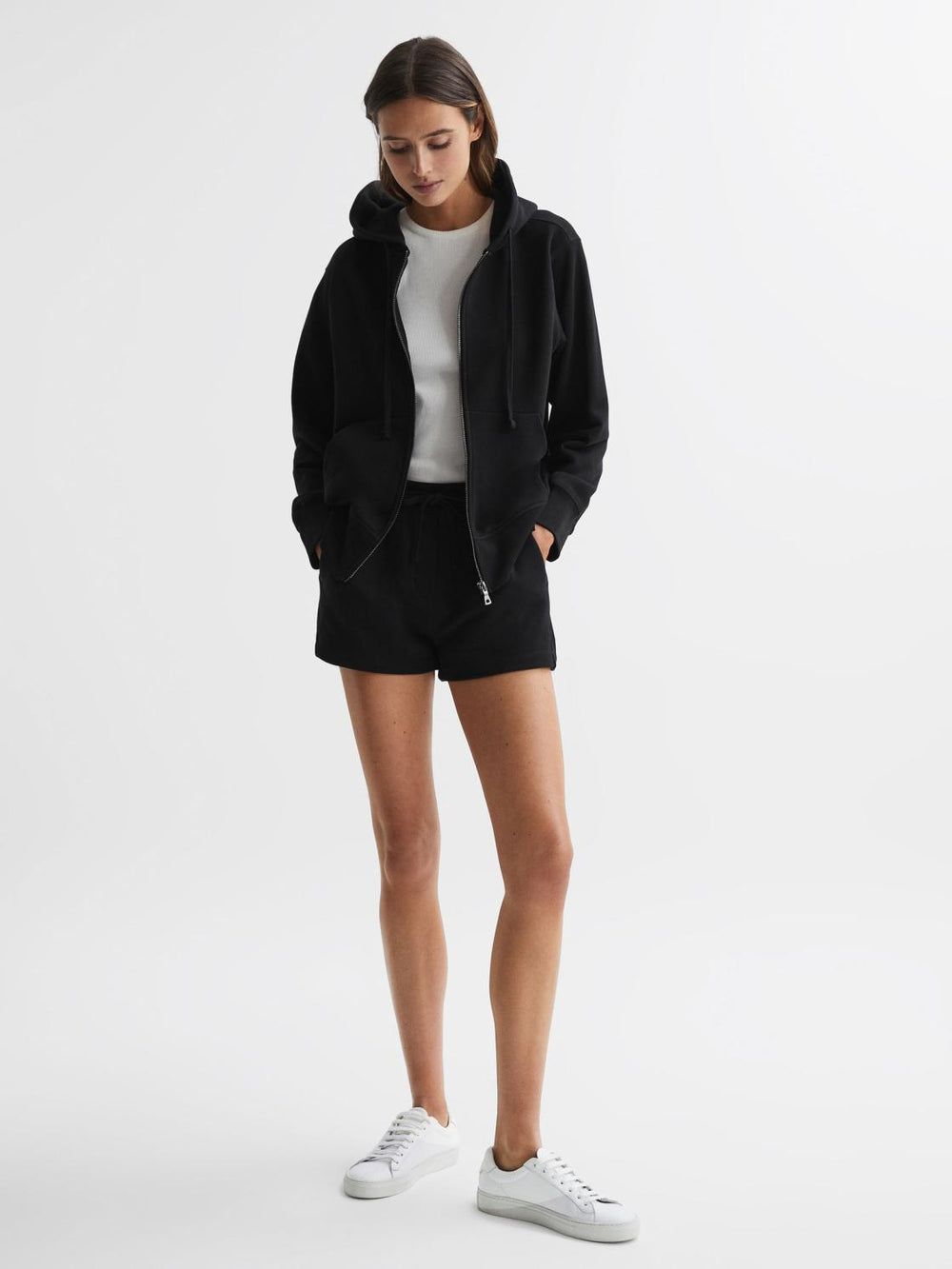 Reiss Tops | Frankie Zip Through Cotton Hoodie Black - Women