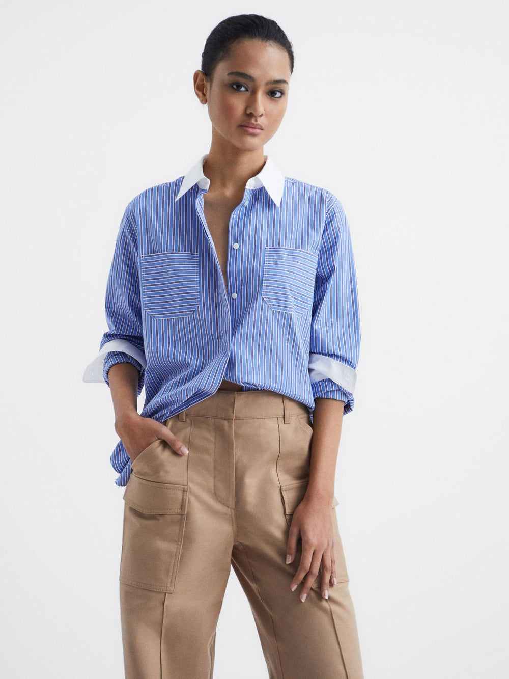Reiss Tops | Grace Contrast Stripe Collared Shirt Blue/white - Women