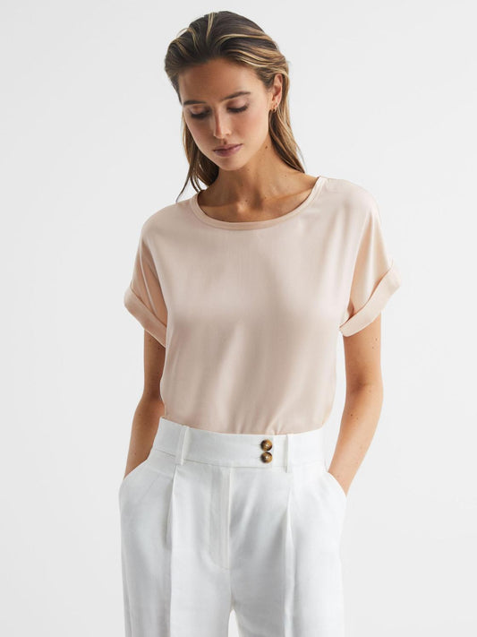 Reiss Tops | Helen Silk Front Crew Neck T-Shirt Nude - Women