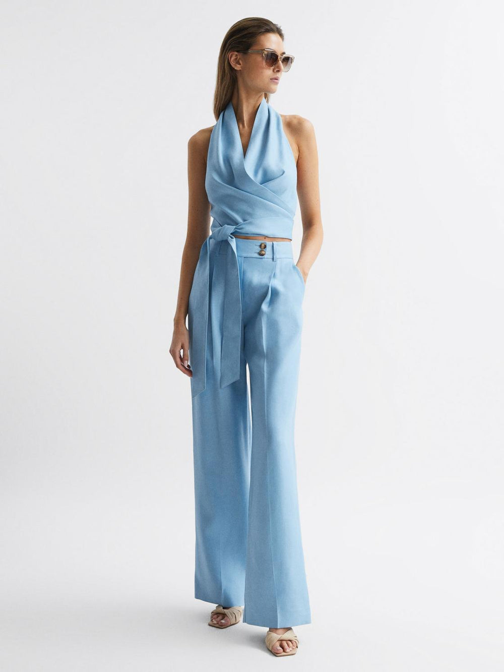 Reiss Tops | Hollie Halter Neck Linen Blend Crop Top Blue - Women