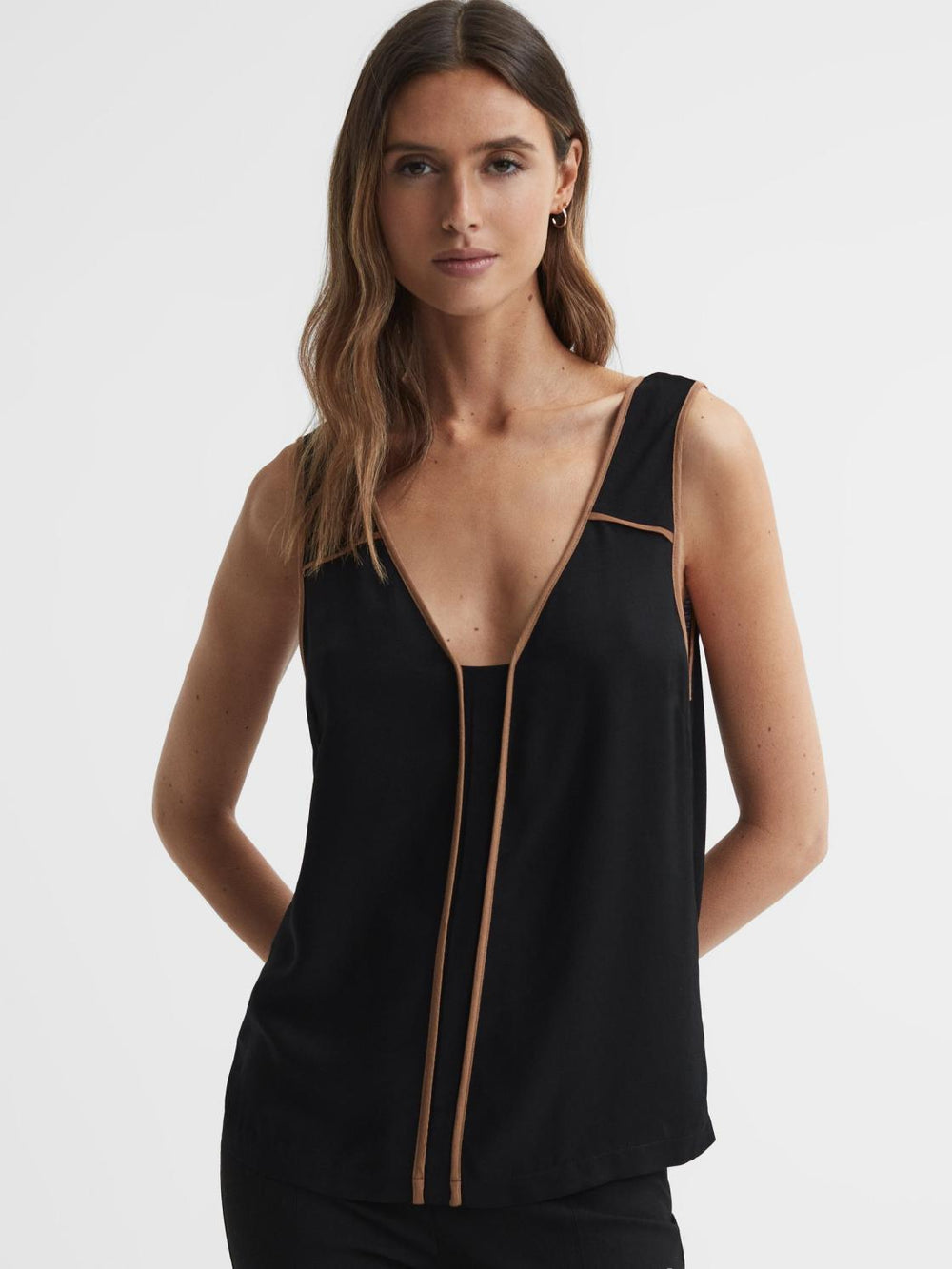Reiss Tops | Jessy Sleeveless V-Neck Vest Black/camel - Women