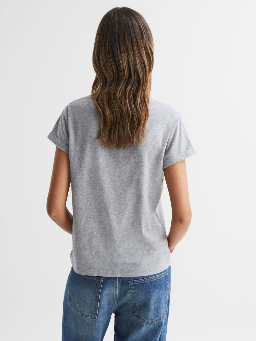 Reiss Tops | Lara Cotton Motif V-Neck T-Shirt Grey Marl - Women