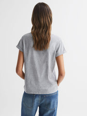 Reiss Tops | Lara Cotton Motif V-Neck T-Shirt Grey Marl - Women