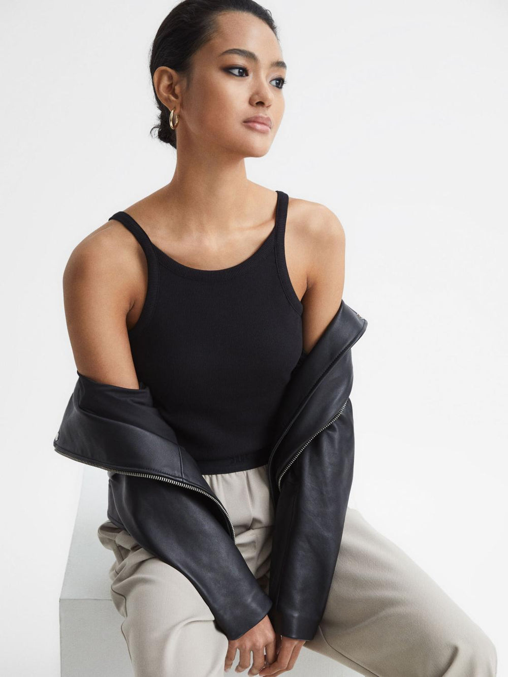 Reiss Tops | Louisa Crew Neck Ribbed Cami Vest Top Black - Women