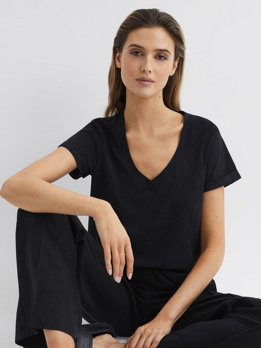 Reiss Tops | Luana Cotton Jersey V-Neck T-Shirt Black - Women