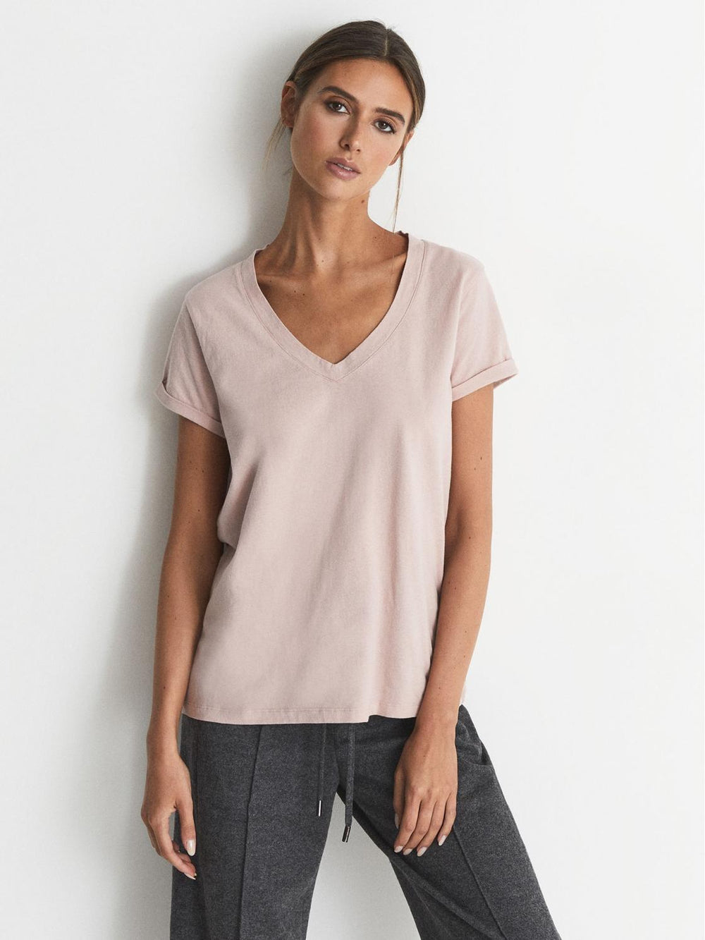 Reiss Tops | Luana Cotton Jersey V-Neck T-Shirt Black - Women