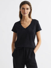 Reiss Tops | Luana Cotton Jersey V-Neck T-Shirt Black - Women