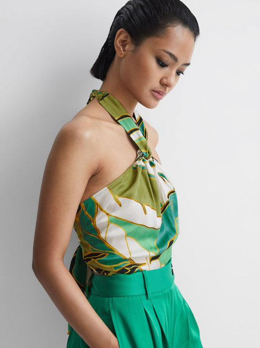 Reiss Tops | Luna Printed Halter Neck Crop Top Green - Women
