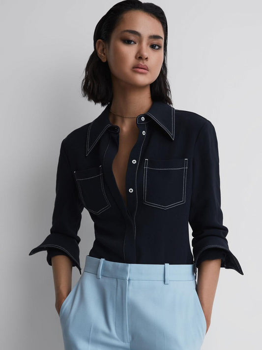 Reiss Tops | Natalia Stitch Detail Fitted Shirt Navy - Women