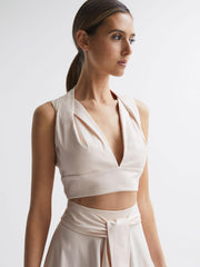 Reiss Tops | Rebecca Cropped V-Neck Open Back Top Nude - Women