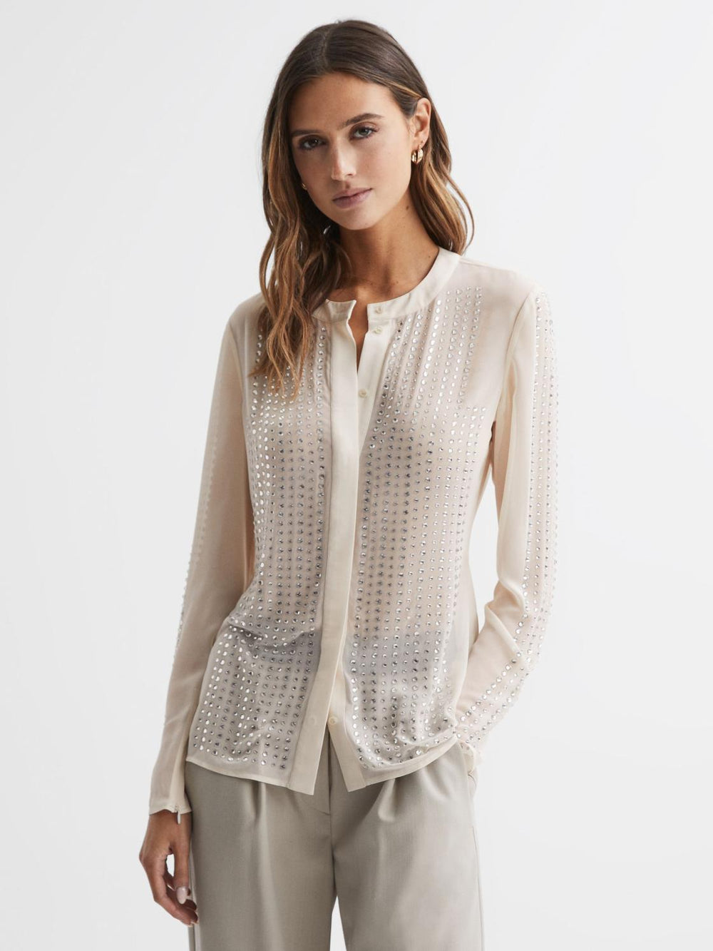 Reiss Tops | Robyn Fitted Embellished Shirt Cream - Women