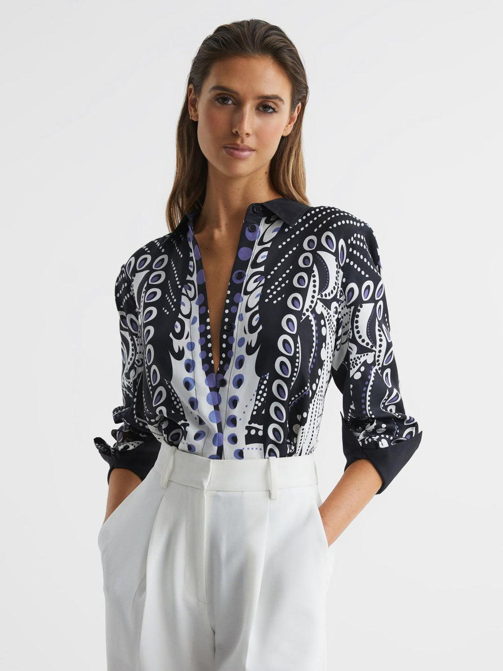 Reiss Tops | Rose Scarf Printed Shirt Navy/white - Women