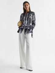 Reiss Tops | Rose Scarf Printed Shirt Navy/white - Women