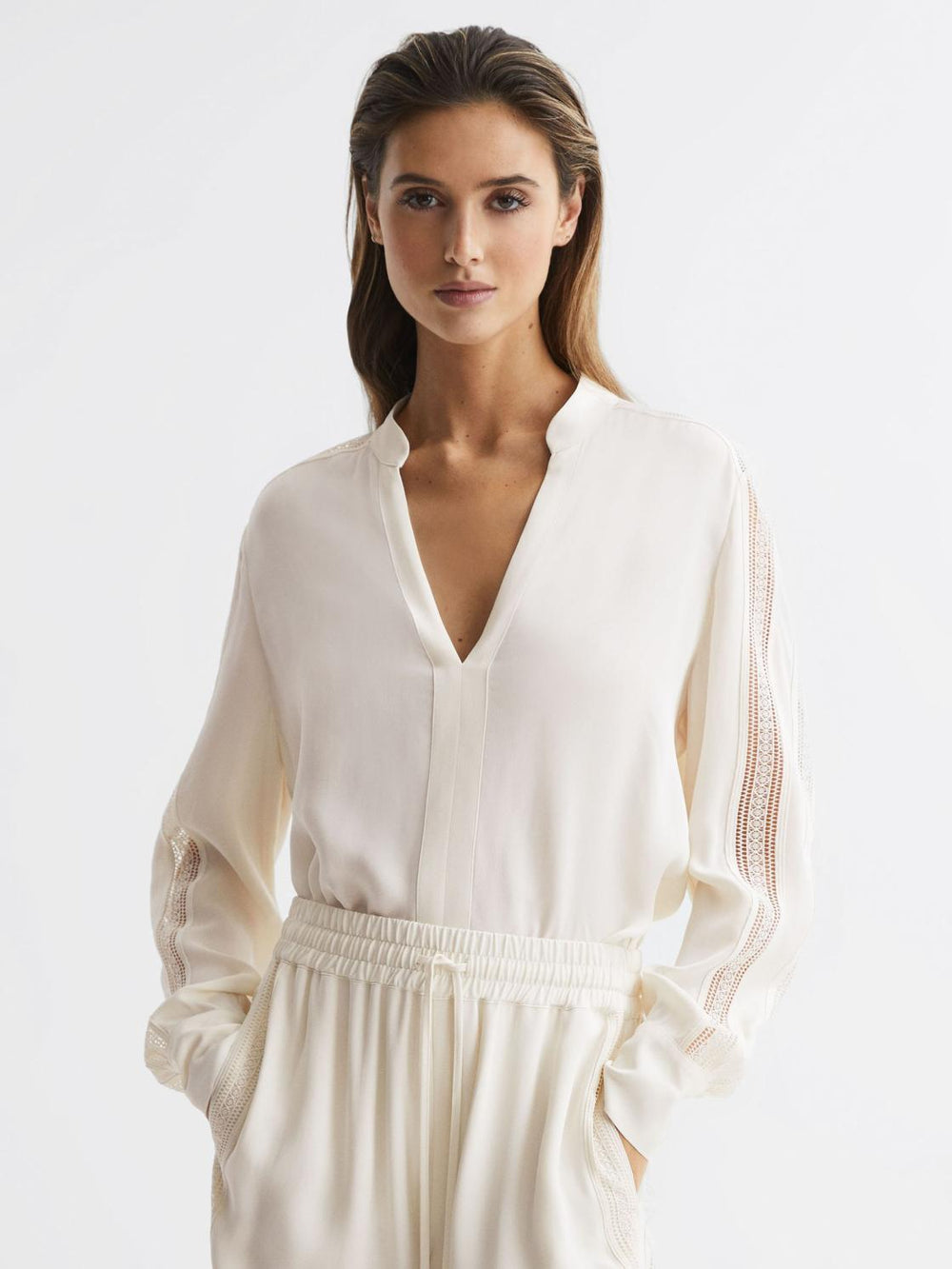 Reiss Tops | Rowan Lace V-Neck Blouse Cream - Women