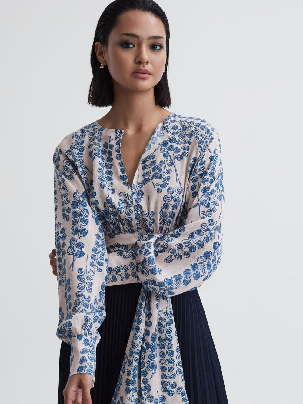 Reiss Tops | Sadie Cropped Printed Belted Blouse Pink/blue - Women