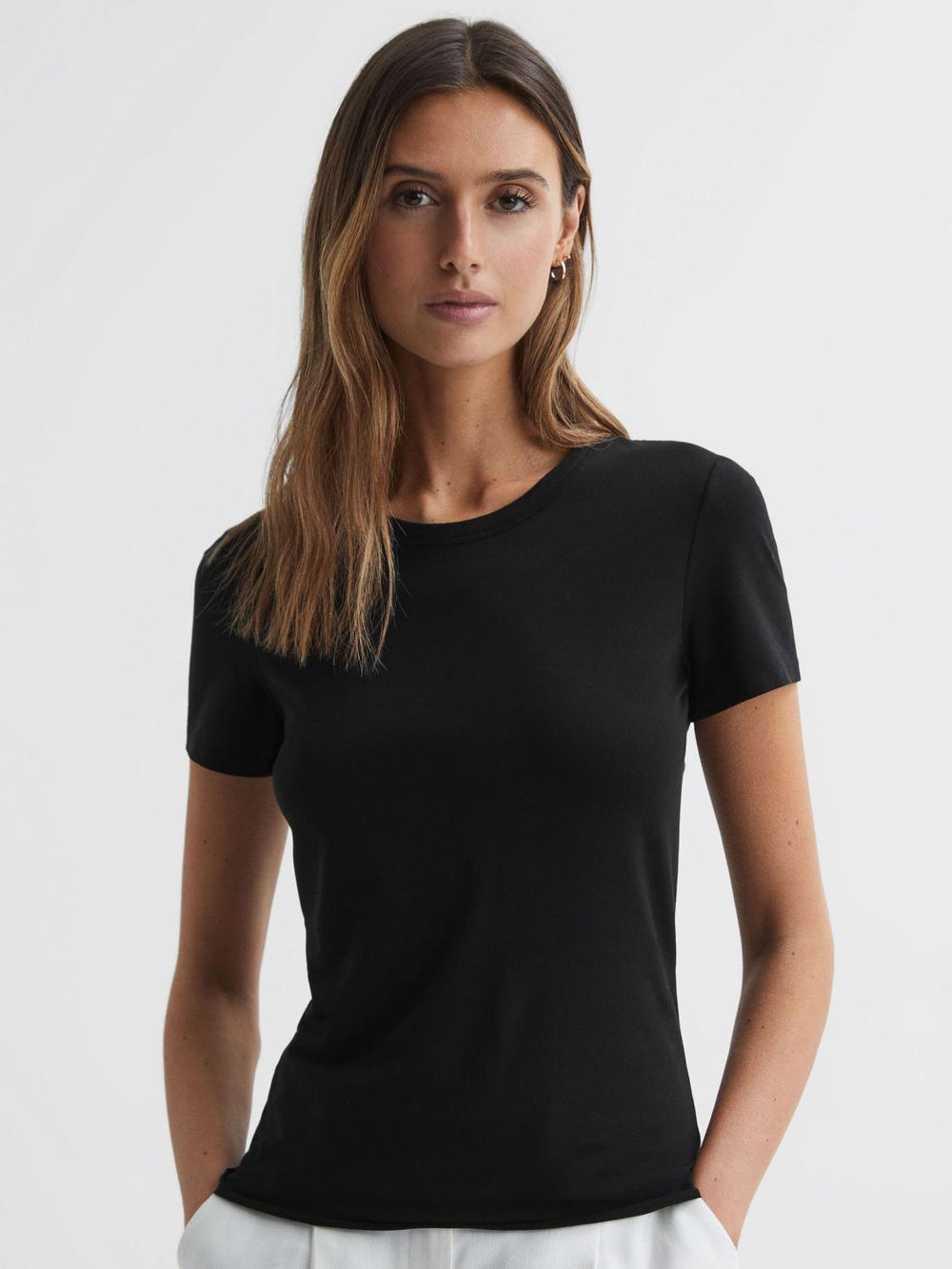Reiss Tops | Sandy Fitted Cotton Crew Neck T-Shirt Black - Women