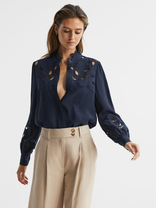 Reiss Tops | Sophie Lace Detail Shirt Blouse Cream - Women