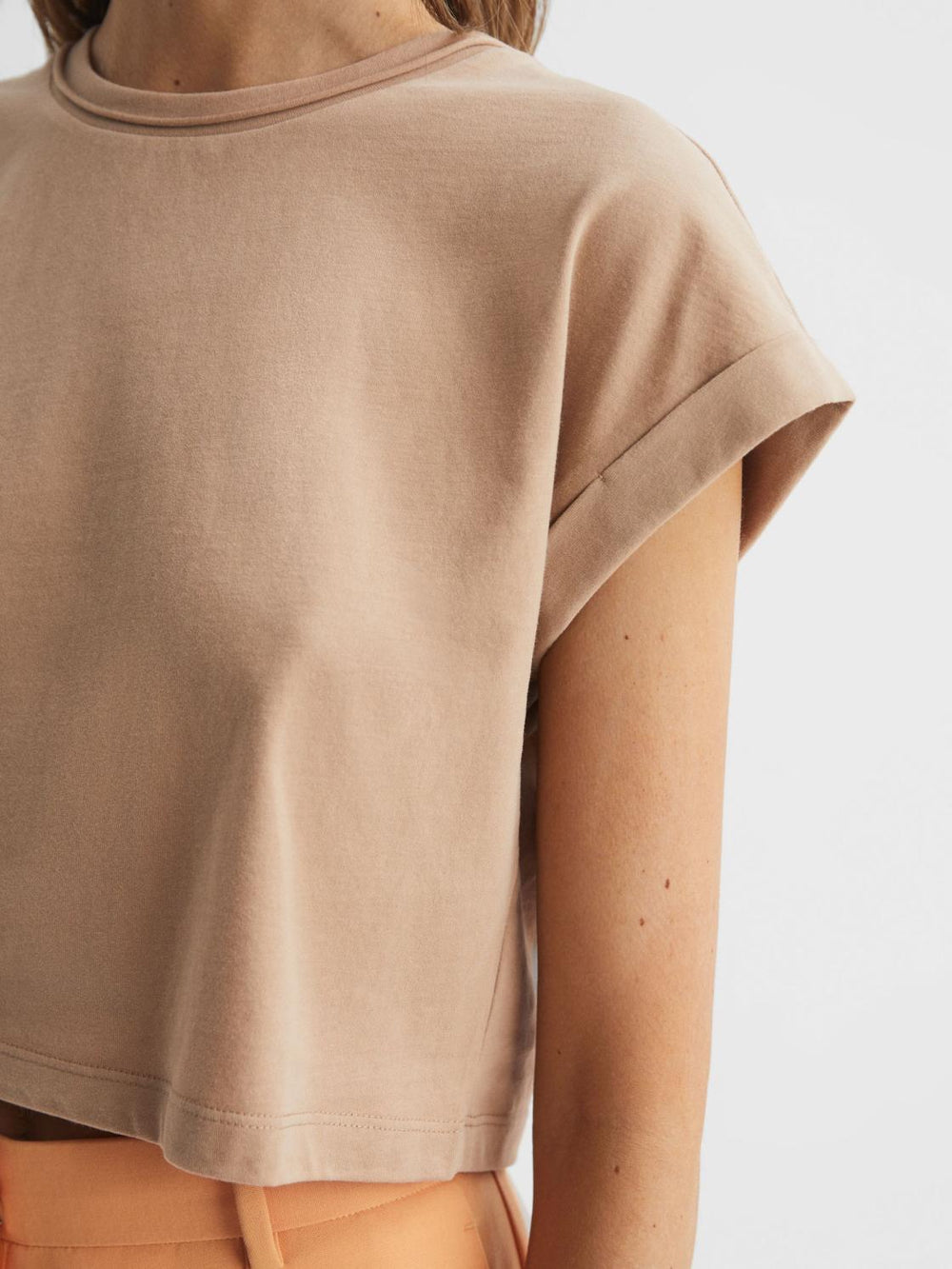 Reiss Tops | Terry Cotton Crew Neck Crop Top Camel - Women