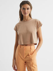 Reiss Tops | Terry Cotton Crew Neck Crop Top Camel - Women