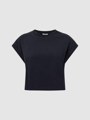 Reiss Tops | Terry Cotton Crew Neck Crop Top Navy - Women