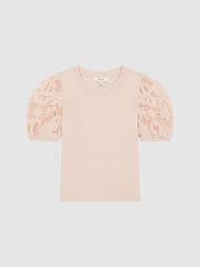 Reiss Tops & Tshirts | Alberta Floral Lace Puff Sleeve T-Shirt Pink - Children