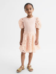 Reiss Tops & Tshirts | Alberta Floral Lace Puff Sleeve T-Shirt Pink - Children