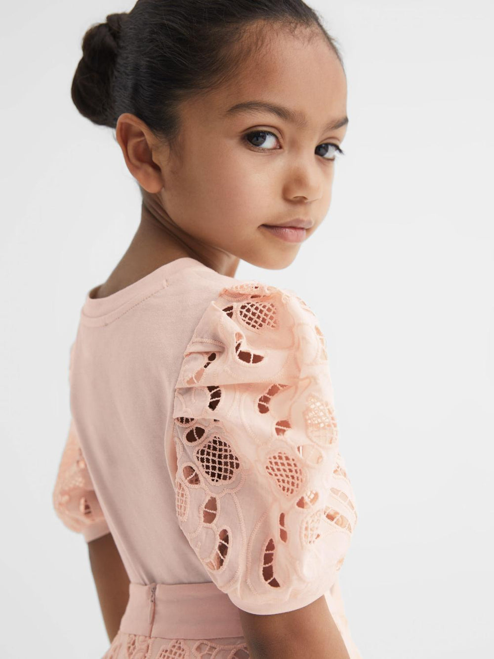 Reiss Tops & Tshirts | Alberta Floral Lace Puff Sleeve T-Shirt Pink - Children