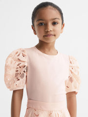 Reiss Tops & Tshirts | Alberta Floral Lace Puff Sleeve T-Shirt Pink - Children