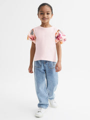 Reiss Tops & Tshirts | Amira Floral Print Puff Sleeve T-Shirt Ivory - Children