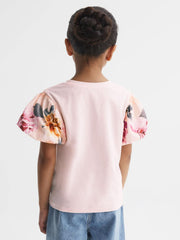 Reiss Tops & Tshirts | Amira Floral Print Puff Sleeve T-Shirt Ivory - Children