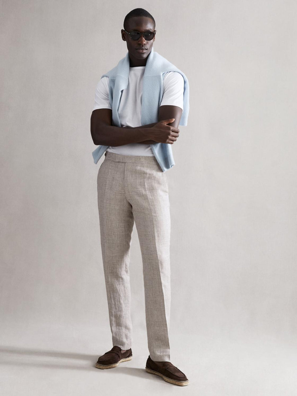 Reiss Trousers | Angel Slim Fit Linen Puppytooth Trousers Oatmeal Melange - Men