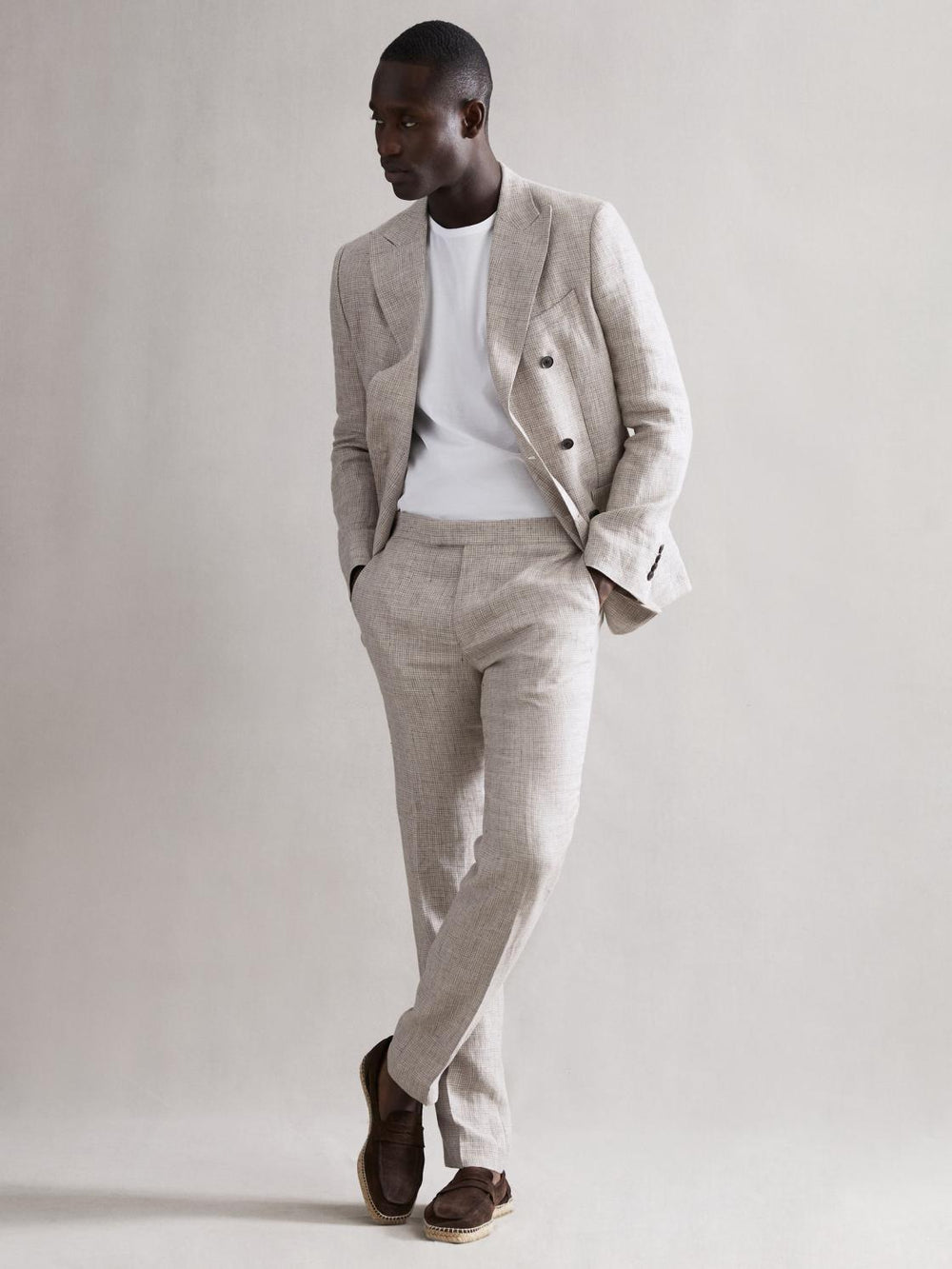 Reiss Trousers | Angel Slim Fit Linen Puppytooth Trousers Oatmeal Melange - Men