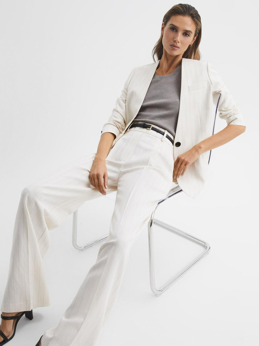 Reiss Trousers | Arleth Wide Leg High Rise Pinstripe Trousers White - Women