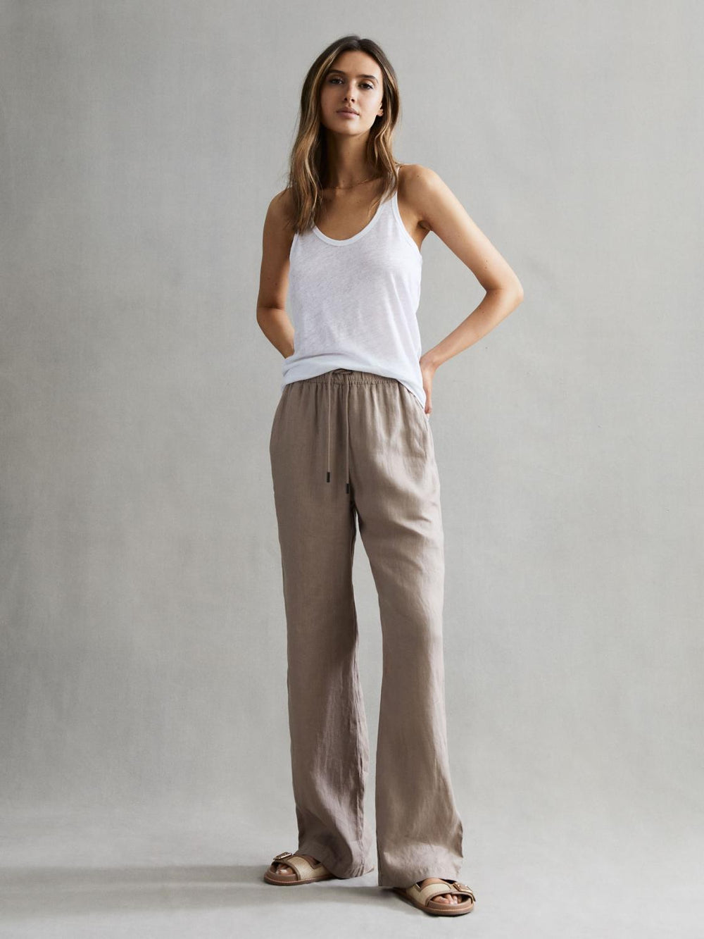 Reiss Trousers | Cleo Linen Wide Leg Drawstring Trousers Mink - Women