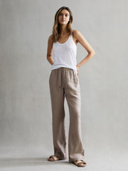 Reiss Trousers | Cleo Linen Wide Leg Drawstring Trousers Mink - Women